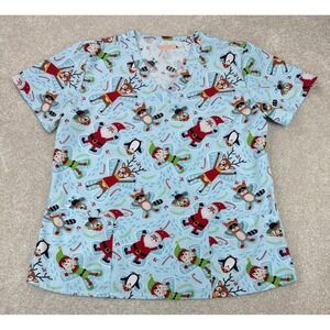 EliteMed Performance Scrub Shirt Top Women's XL Reindeer Santa Christmas